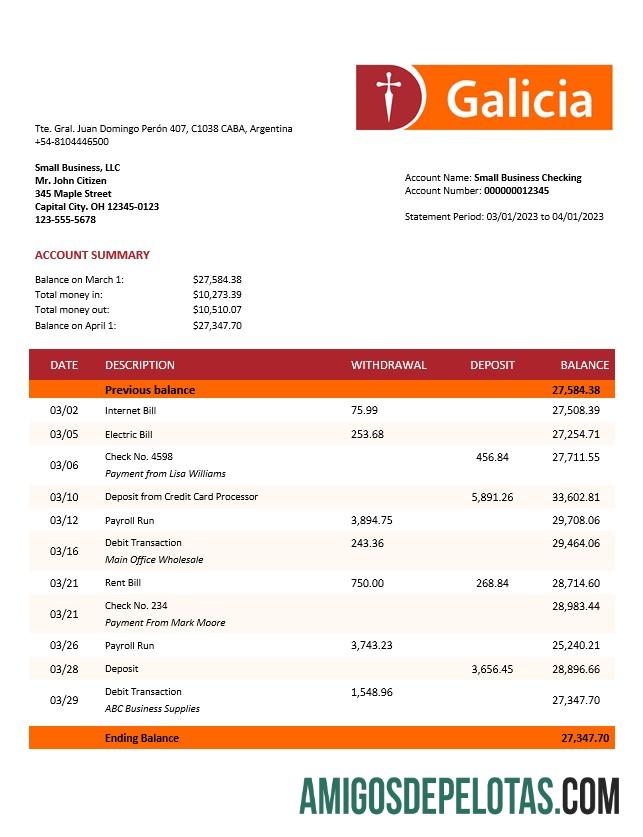 Extrato de conta da empresa Realista Banco Galicia modelo Word e PDF